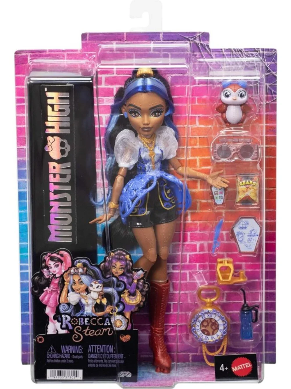 Robecca Steam Doll with Blue Blouse, Black Shorts, Pet Penguin & 7 Accessories